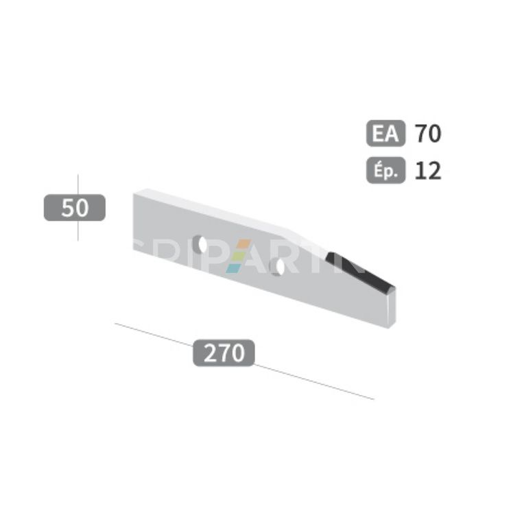 Couteau 2 trous, 270x50x12 mm entraxe 70 mm, avec plaquettes carbure pour épandeur JEANTIL, gauche, biseauté, pièce interchangeable