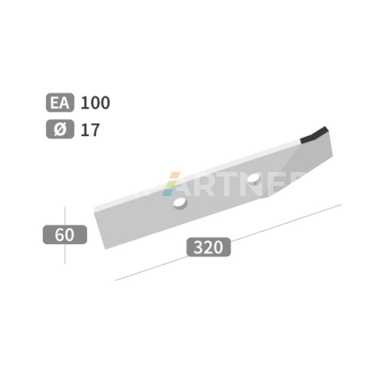 Couteau 2 trous de Ø17 mm, 320x60 mm, entraxe 100 mm, avec plaquettes carbure pour épandeur PICHON, pièce interchangeable