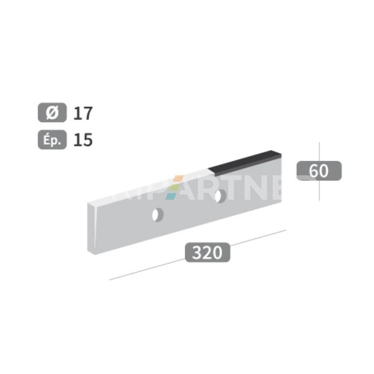 Couteau 2 trous de Ø17 mm, 320x60x15 mm, avec plaquettes carbure pour épandeur PICHON, pièce interchangeable