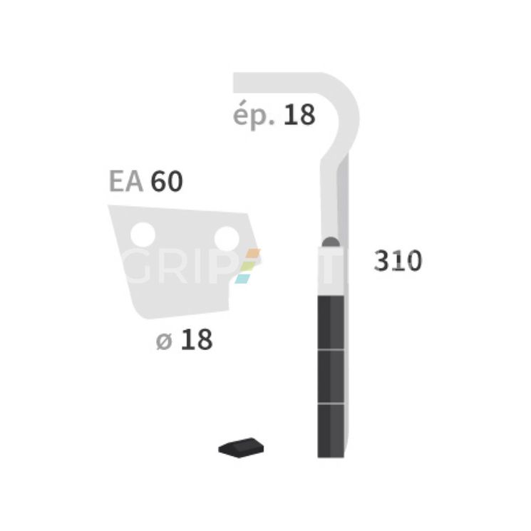 Dent carbure, 3 pastilles 3x45mm, pour herse rotative, ALPEGO, 310x18mm, Ø17mm, entraxe 60mm, D07400A - MK0A00132, droite, pièce interchangeable