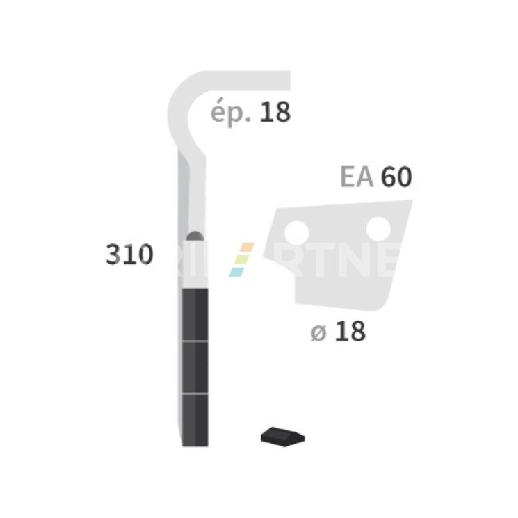 Dent carbure, 3 pastilles 3x45mm, pour herse rotative, ALPEGO, 310x18mm, Ø17mm, entraxe 60mm, D07401A - MK0A00135, gauche, pièce interchangeable