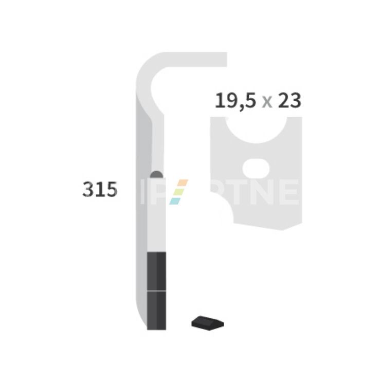 Dent carbure, 2 pastilles 2x45mm, pour herse rotative, ALPEGO, 315mm, Ø19,5x23mm, fixation rapide, D05651 - MK0A00089, gauche, pièce interchangeable