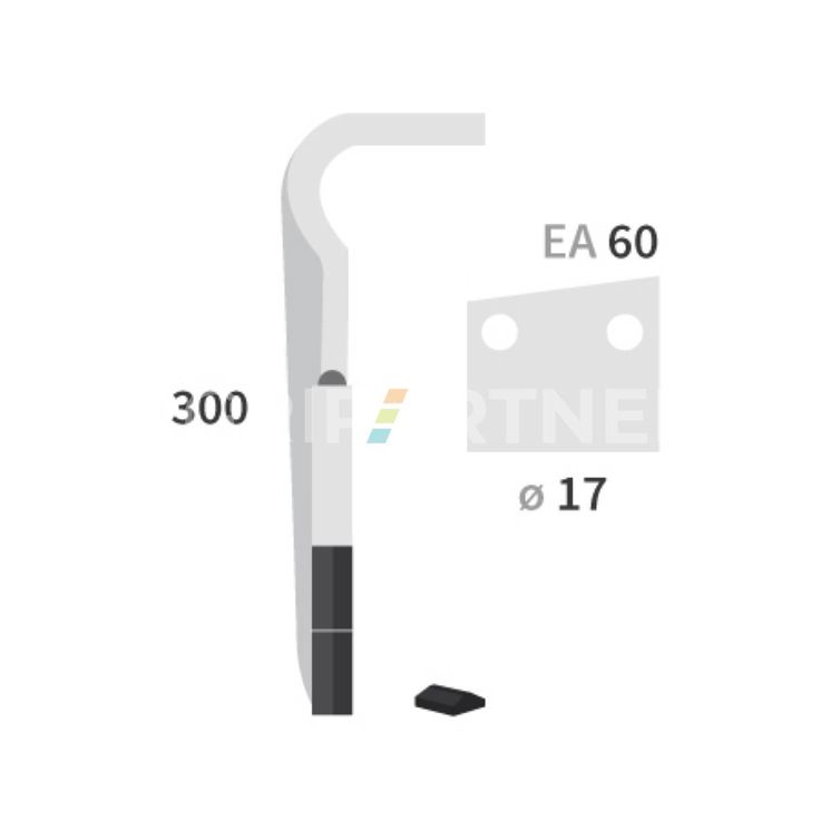 Dent carbure, 3 pastilles 3x30mm + rechargement, pour herse rotative, BREVIGLIERI, 300x12mm, Ø17mm, entraxe 60mm, 0088311, gauche, pièce interchangeable