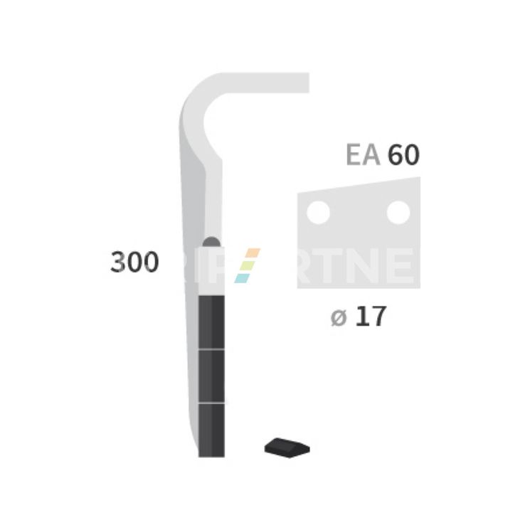 Dent carbure, 3 pastilles 3x45mm, pour herse rotative, BREVIGLIERI, 300mm, Ø17mm, entraxe 60mm, 88310, gauche, pièce interchangeable