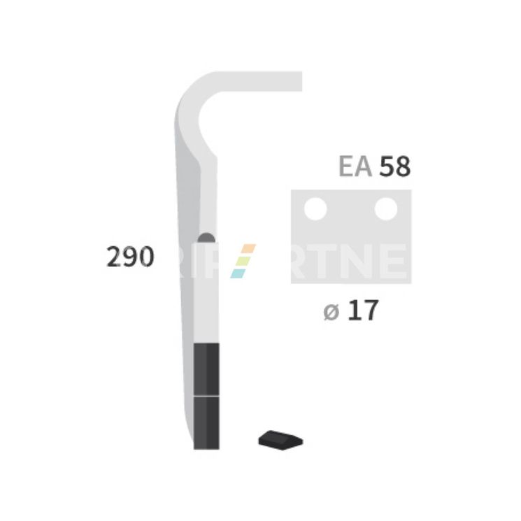 Dent carbure, 2 pastilles 2x45mm, pour herse rotative, CARRARO, 290x14mm, Ø17mm, entraxe 58mm, 155217, gauche, pièce interchangeable