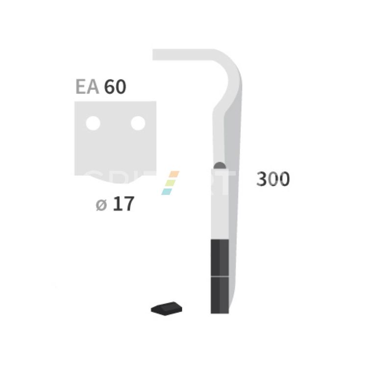 Dent carbure, 2 pastilles 2x45mm, pour herse rotative, SICAM, 300mm, Ø17mm, entraxe 60mm, 52701, droite, pièce interchangeable