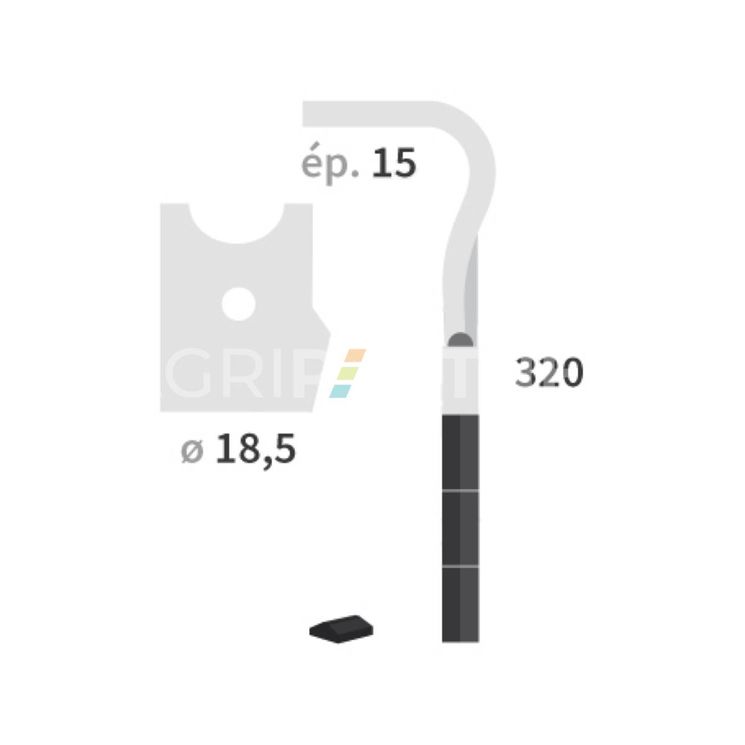 Dent carbure, 3 pastilles 3x45mm, pour herse rotative, FALC, 320x15mm, Ø18,5mm, fixation rapide, 654030, droite, pièce interchangeable