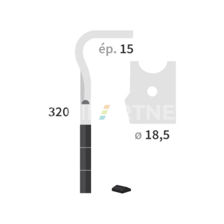 Dent carbure, 3 pastilles 3x45mm, pour herse rotative, FALC, 320x15mm, Ø18,5mm, fixation rapide, 654030, gauche, pièce interchangeable