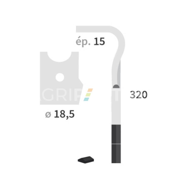 Dent carbure, 2 pastilles 2x45mm, pour herse rotative, FALC, 320x15mm, Ø18,5mm, fixation rapide, 654030, droite, pièce interchangeable