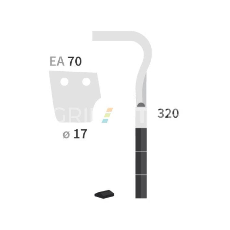 Dent carbure, 3 pastilles 3x45mm, pour herse rotative, FALC, 320mm, Ø17mm, entraxe 70mm, 540129, droite, pièce interchangeable