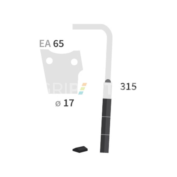 Dent carbure, 3 pastilles 3x45mm, pour herse rotative, FRANDENT, 315mm, Ø17mm, entraxe 65mm, 448001, droite, pièce interchangeable