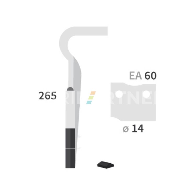 Dent carbure, 2 pastilles 2x45mm, pour herse rotative, HOWARD HK 20 - HK 22, 265mm, Ø14mm, entraxe 60mm, 182937, gauche, pièce interchangeable