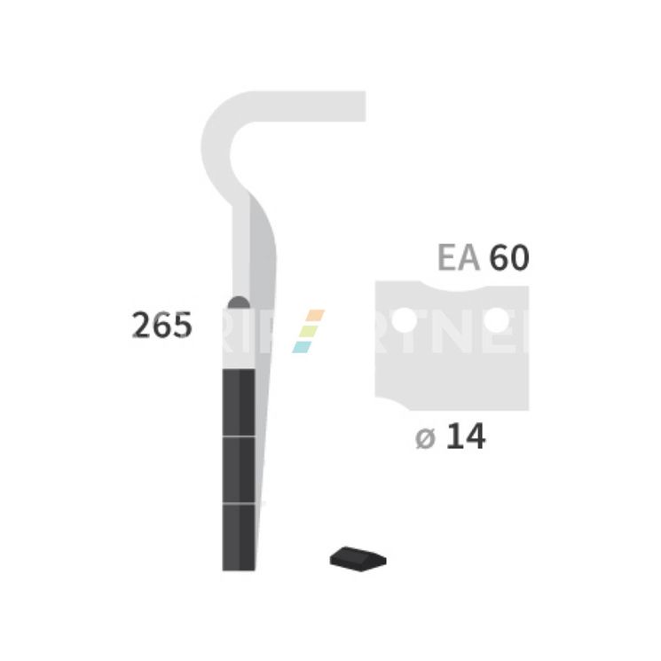 Dent carbure, 3 pastilles 3x45mm, pour herse rotative, HOWARD HK 20 - HK 22, 265mm, Ø14mm, entraxe 60mm, 182937, gauche, pièce interchangeable