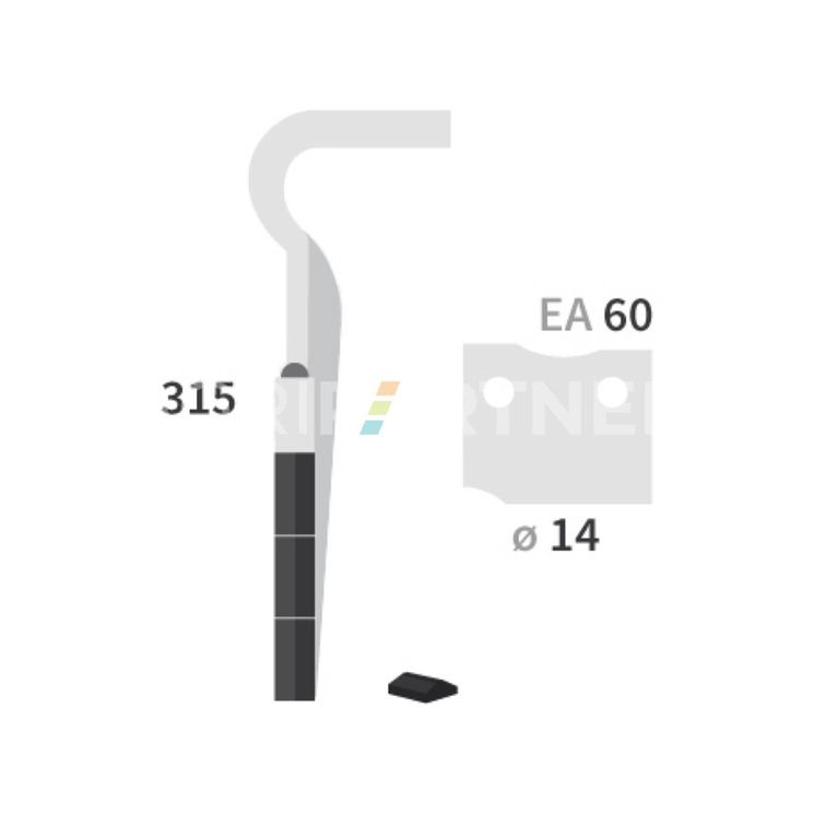 Dent carbure, 3 pastilles 3x45mm, pour herse rotative, HOWARD HK 30, 315mm, Ø14mm, entraxe 60mm, 182939, gauche, pièce interchangeable