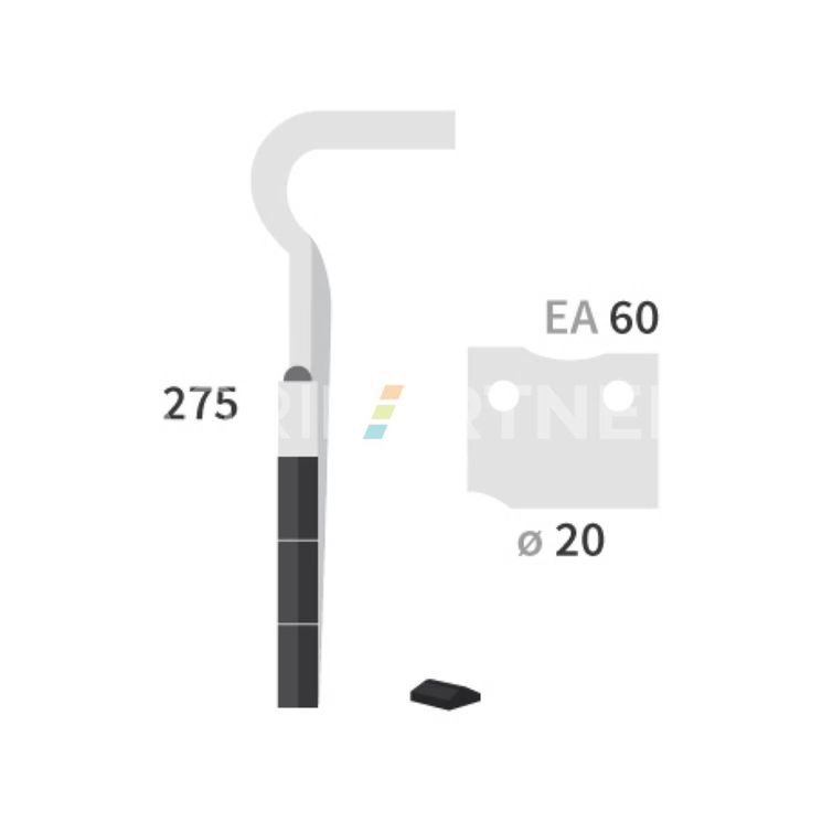 Dent carbure, 3 pastilles 3x45mm, pour herse rotative, HOWARD HK 32, 275x15mm, Ø20mm, entraxe 60mm, 185598, gauche, pièce interchangeable