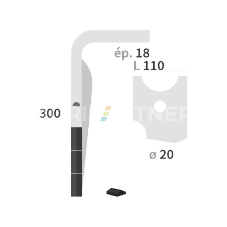 Dent carbure, 5 pastilles 5x30mm, pour herse rotative, KUHN, 300x18mm, Ø20mm, fixation rapide, K2507080, gauche, pièce interchangeable