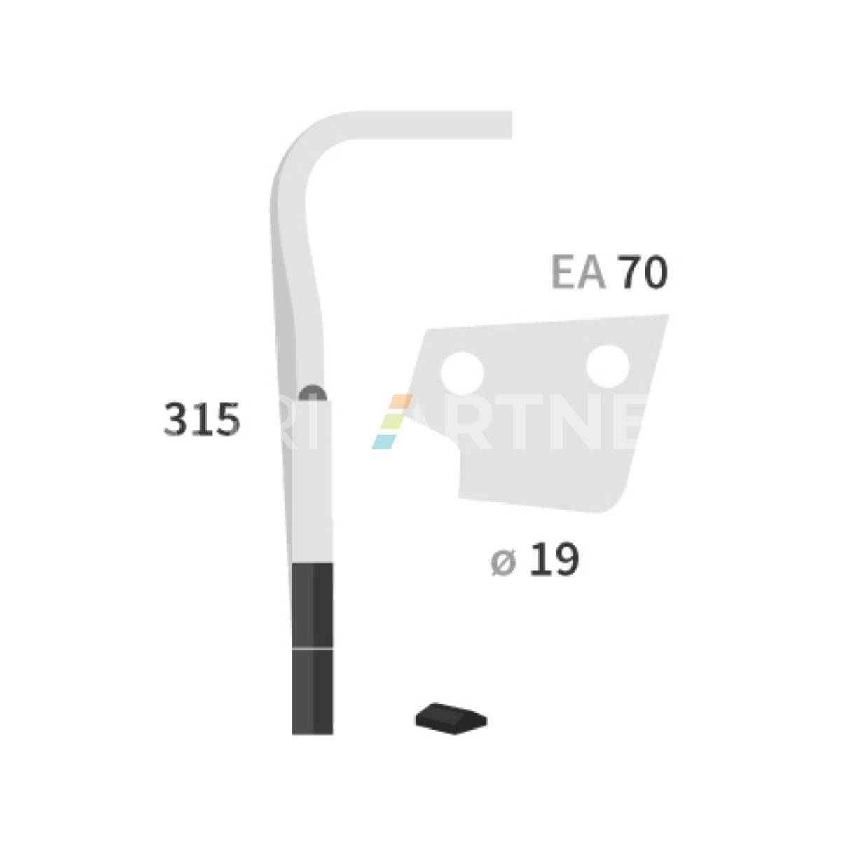 Dent carbure, 3 pastilles 3x30mm + rechargement, pour herse rotative, MASCHIO, 315x18mm, Ø19mm, entraxe 70mm, 61100230, gauche, pièce interchangeable