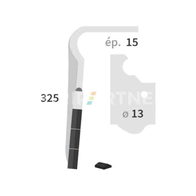 Dent carbure, 3 pastilles 3x45mm, pour herse rotative, MASCHIO Rapido, 325x15mm, Ø13mm, M36100367R - M36100241R, gauche, pièce interchangeable