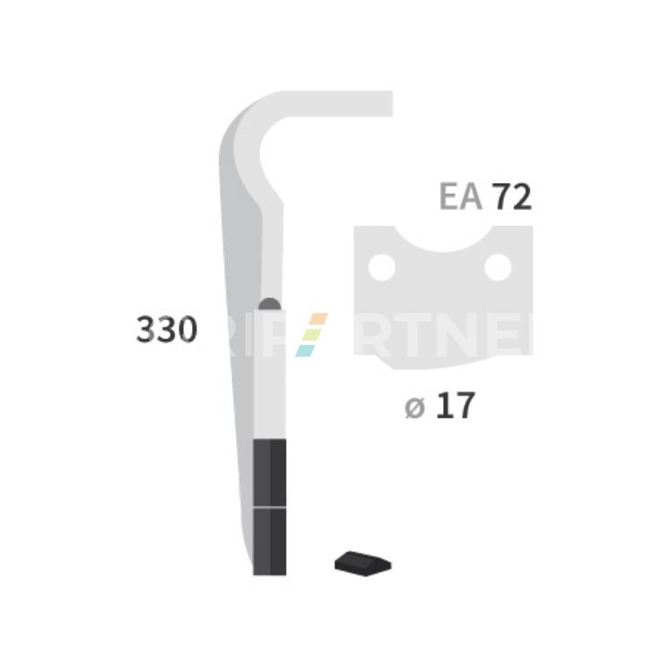 Dent carbure, 2 pastilles 2x45mm, pour herse rotative, NIEMEYER KR, 330x16mm, Ø17mm, entraxe 72mm, 034825, gauche, pièce interchangeable