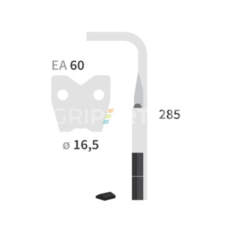 Dent carbure, 2 pastilles 2x45mm, pour herse rotative, PEGORARO, 285x14mm, Ø16,5mm, entraxe 60mm, 0088555, droite, pièce interchangeable