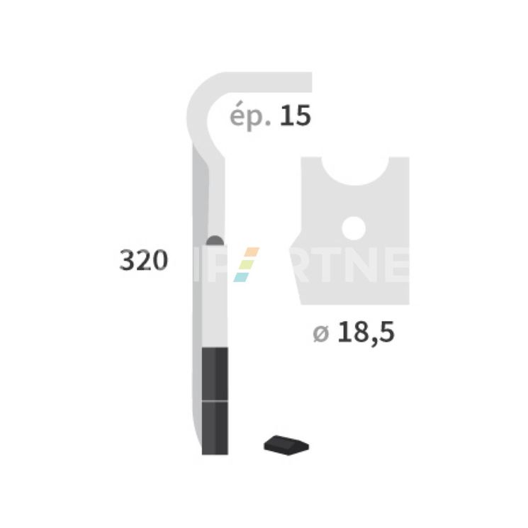 Dent carbure, 2 pastilles 2x45mm, pour herse rotative, RAU, 320x15mm, Ø18,5mm, fixation rapide, MA44010151, gauche, pièce interchangeable