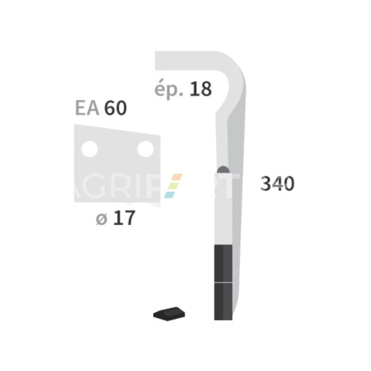 Dent carbure, 2 pastilles 2x45mm, pour herse rotative, REGENT, 340x18mm, Ø17mm, entraxe 60mm, EB 8300013, droite, pièce interchangeable