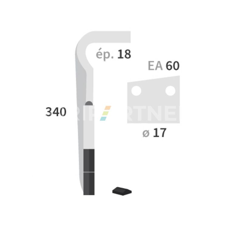 Dent carbure, 2 pastilles 2x45mm, pour herse rotative, REGENT, 340x18mm, Ø17mm, entraxe 60mm, EB 8300013, gauche, pièce interchangeable