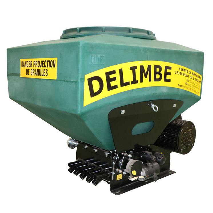 Semoir petites graines, microgranulateur T18 300 litres, soufflerie électrique ou hydraulique, 2 à 12 sorties pour couverts végétaux, DELIMBE