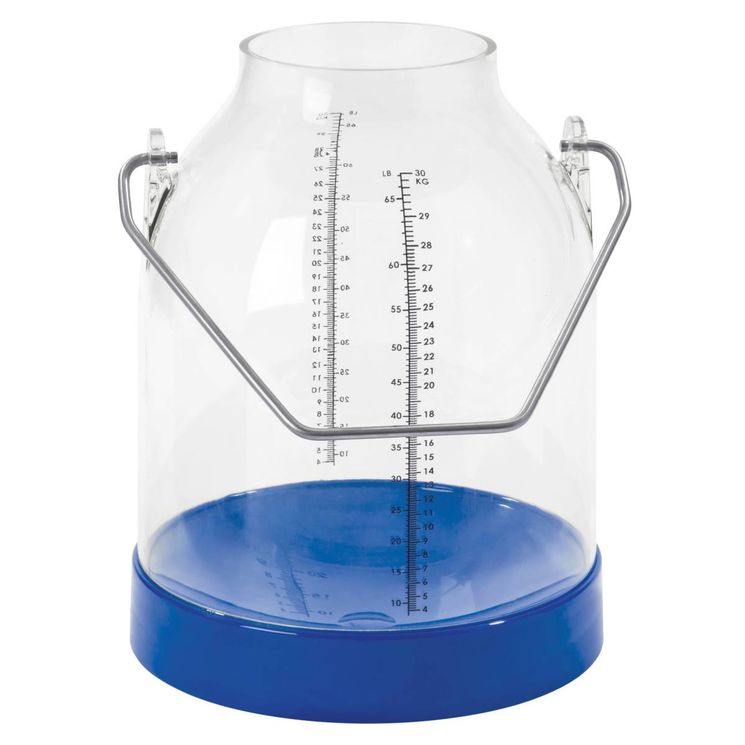 Seau à lait 30 litres transparent bleu, avec anse métallique et double graduation, KERBL