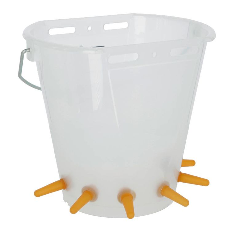 Seau d'allaitement 6 tétines caoutchouc 8 litres pour agneaux, plastique transparent avec anse métallique