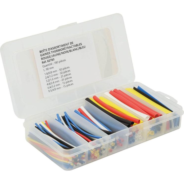 Coffret de 180 gaines thermorétractables 90 mm, multicolore, rétreint 2:1