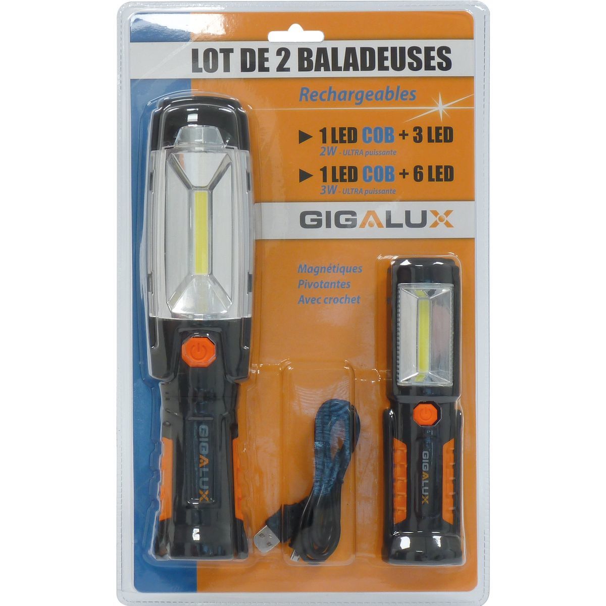 2 baladeuses LED rechargeables crochet+support magnétique