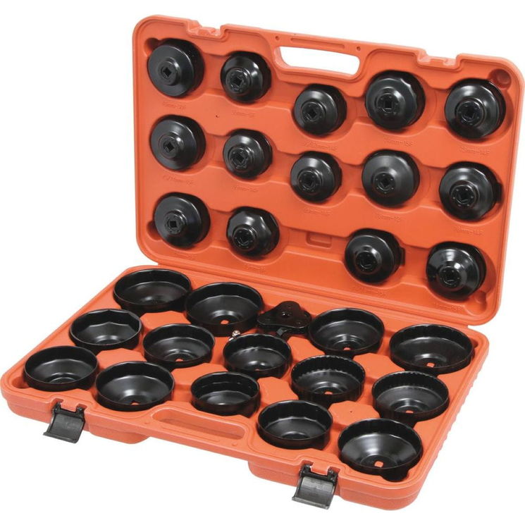 Coffret de 28 cloches acier pour filtres à huile de 65 à 108 mm, 1 adaptateur 1/2”-3/8”, 1 clé 3 griffes, DRAKKAR