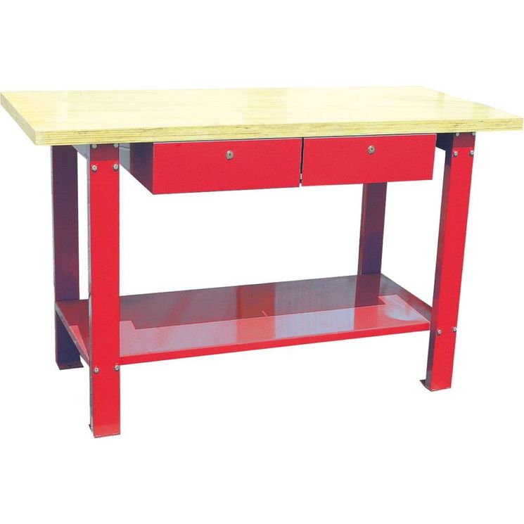 Établi d´atelier plateau bois 40 mm avec 2 tiroirs, charge maxi 350 kg, 1500x640x910 mm, DRAKKAR