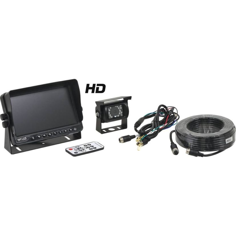 Kit caméra de recul 12 et 24V, écran HD 7 pouces, caméra 120°, faisceau d'alimentation, 15 mètres de câble et télécommande