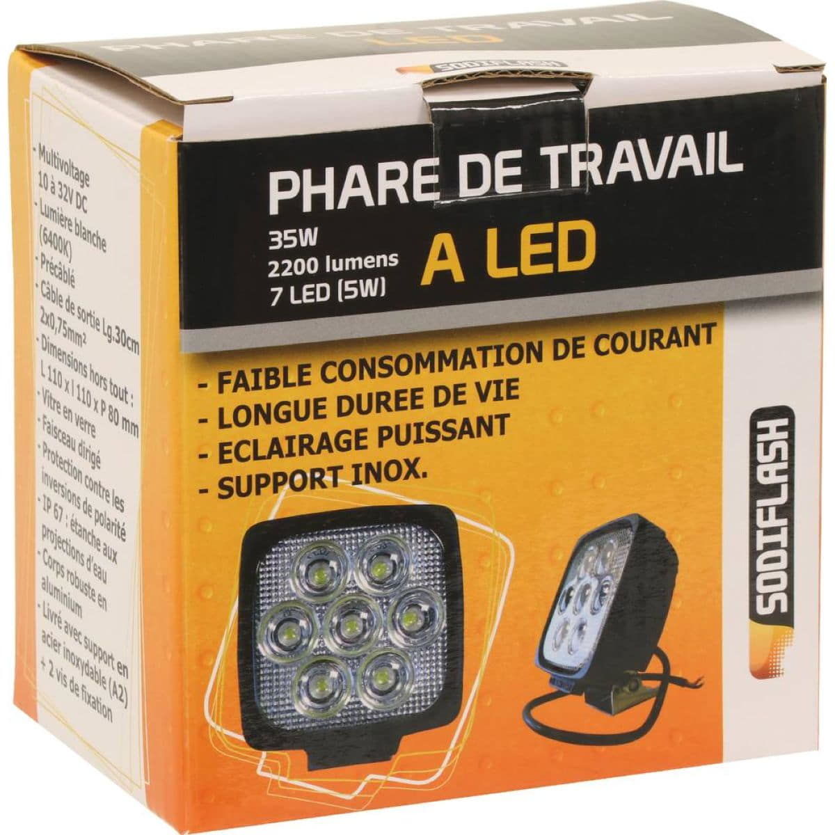 Phare de travail carré 7 LED 35W, lumens 2200, faisceau large