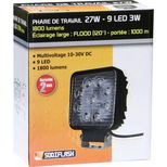 Phare de travail carré LED, 27W 1800 LUMENS, faisceau large, précâblé avec support INOX