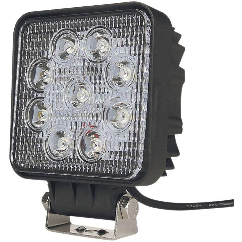 Phare de travail carré LED, 27W 1800 LUMENS, faisceau large, précâblé avec support INOX