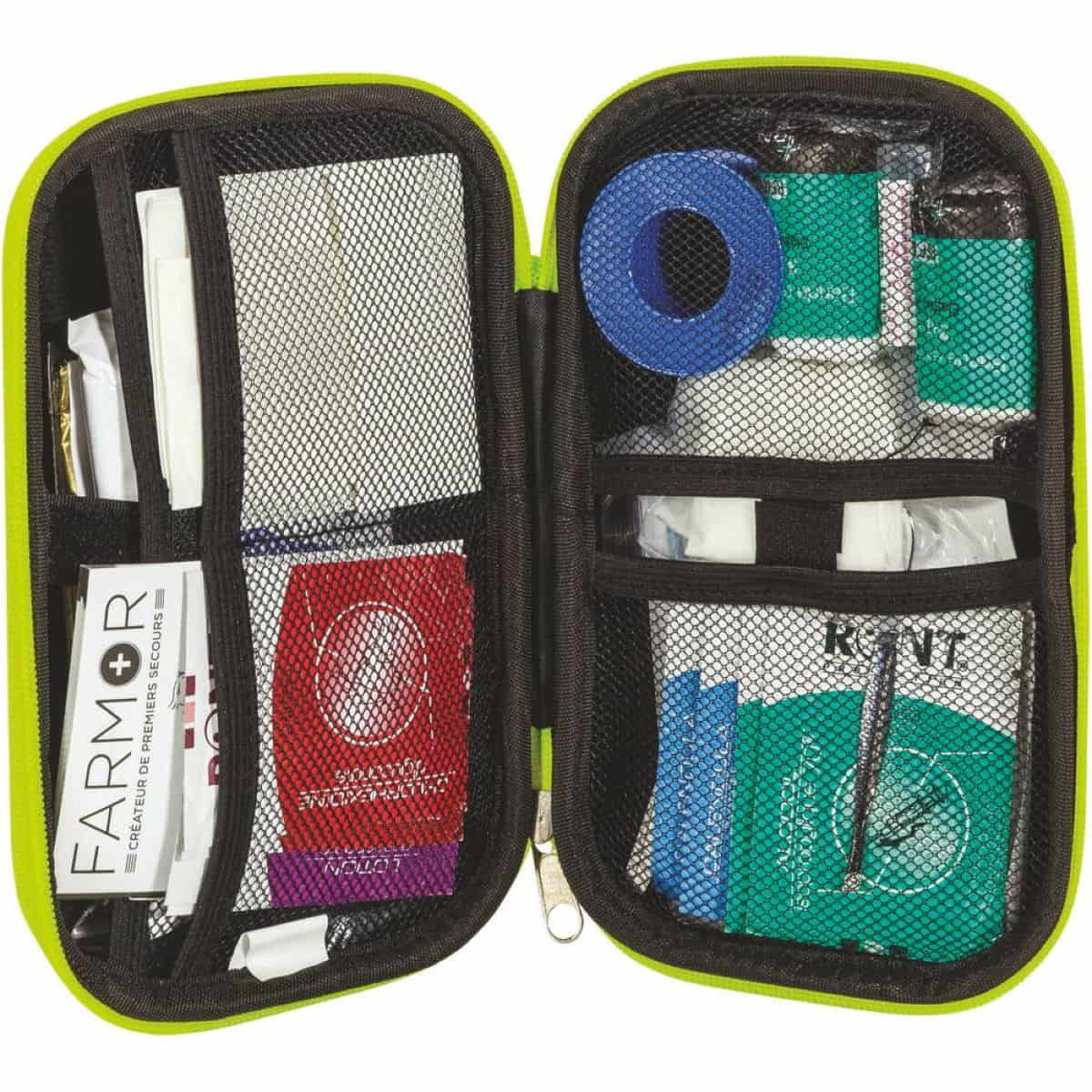 Trousse de secours “véhicules” 2/4 personnes, jaune fluorescent avec croix rétro-réfléchissante