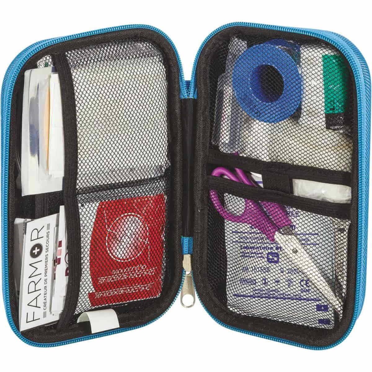 Trousse de secours “Atelier mécanique et Maintenance” 2/4 personnes, trousse en EVA bleu fluorescent avec croix rétro-réfléchissante