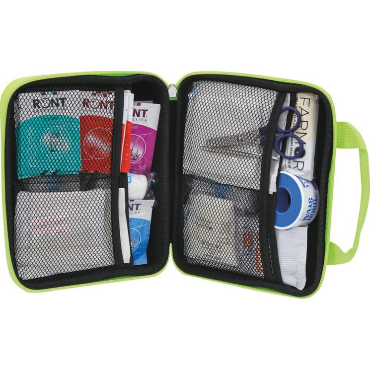 Trousse de secours "véhicule" 4/6 personnes, jaune fluorescent avec croix rétro-réfléchissante