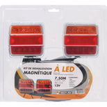 Kit de signalisation arrière LED magnétique, 2,50 mètres entre feux, câble 7,5m-5x0,5mm² avec fiche 13 plots, cabochon orange