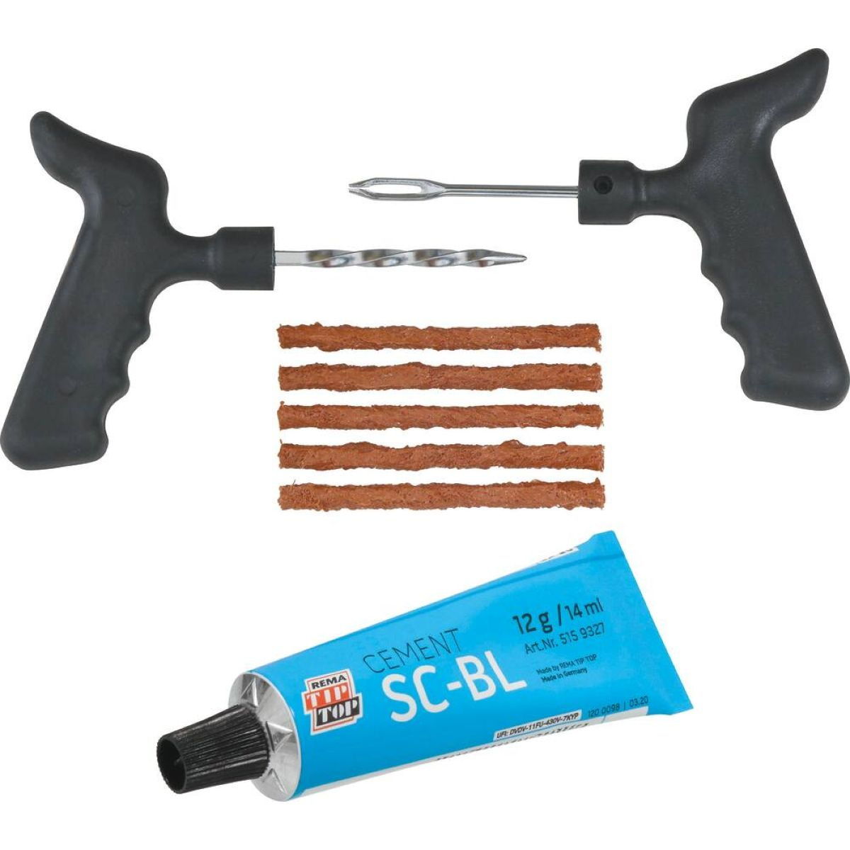 Kit de réparation pneus Tubeless avec 1 outil alésoir, 1 porte-tresse, 5 tresses de réparation et 1 tube de colle vulcanisante 12 ml, DRAKKAR