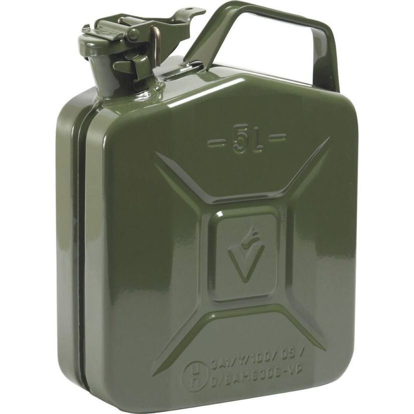 Jerrican métal type U.S. 5 litres, homologué carburant, 230x120x310 mm, sans bec verseur