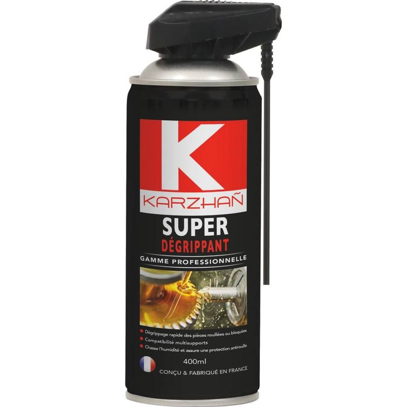 Super dégrippant KARZHAÑ, compatibilité multisupport, chasse l’humidité et assure une protection antirouille, aérozol 400 ml