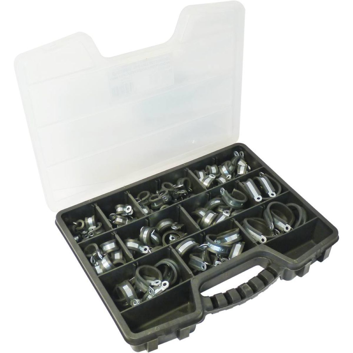 Coffret de 125 colliers avec protection caoutchouc, bande 12 mm, Ø8 à 40 mm