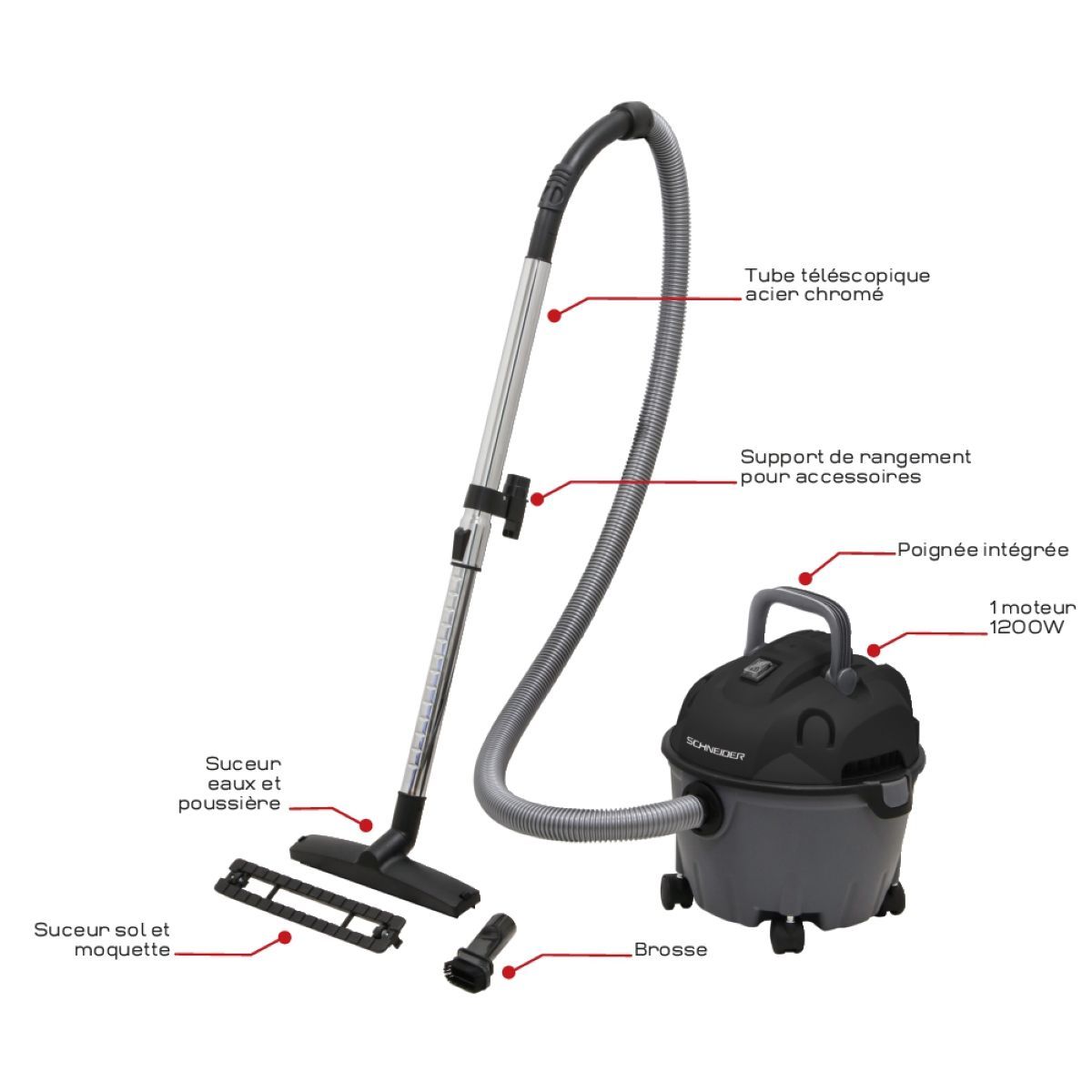 Aspirateur eaux et poussières cuve PVC 10L, 1200W, dépression 17kPa, SCHNEIDER