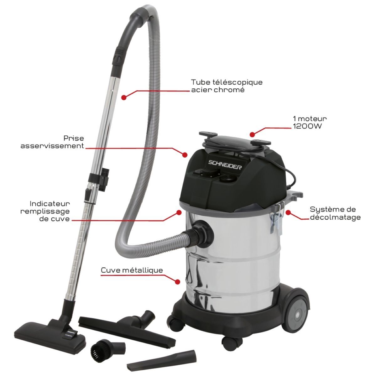 Aspirateur eaux et poussières cuve métallique 30L, 1200W, dépression 16,5kPa, SCHNEIDER