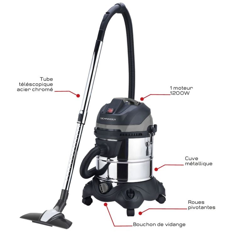 Aspirateur eaux et poussières cuve métallique 20L, 1200W, dépression 22kPa, SCHNEIDER