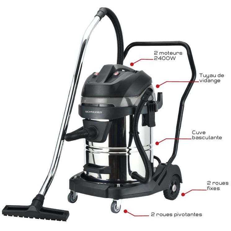 Aspirateur eaux et poussières cuve métallique 60L, 2400W, dépression 23kPa, SCHNEIDER